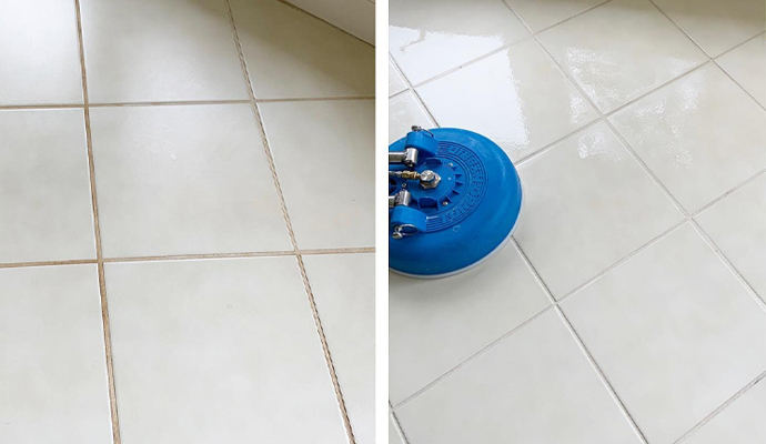 collage of Tile and grout cleaning using equipment