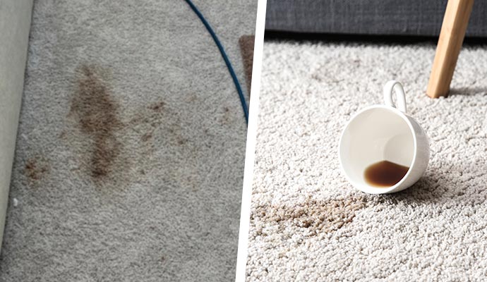 Collage of bleach mark and a drink spill on carpet