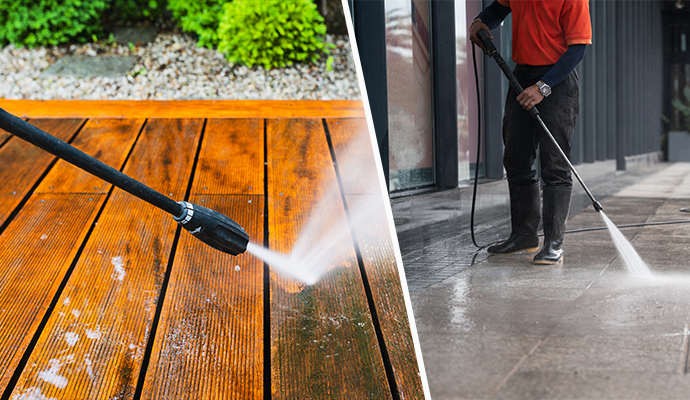 Collage of pressure washing wooden and concrete floor